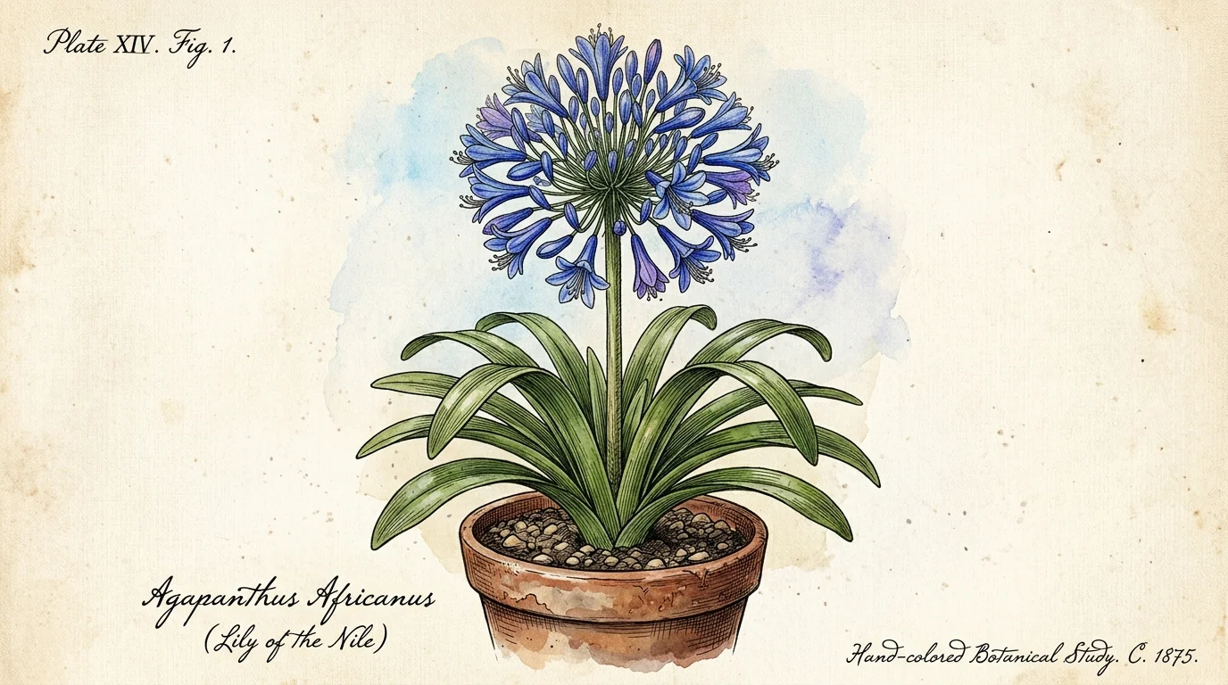 Vintage-style watercolor illustration of a blue Agapanthus flower globe in a tight pot.