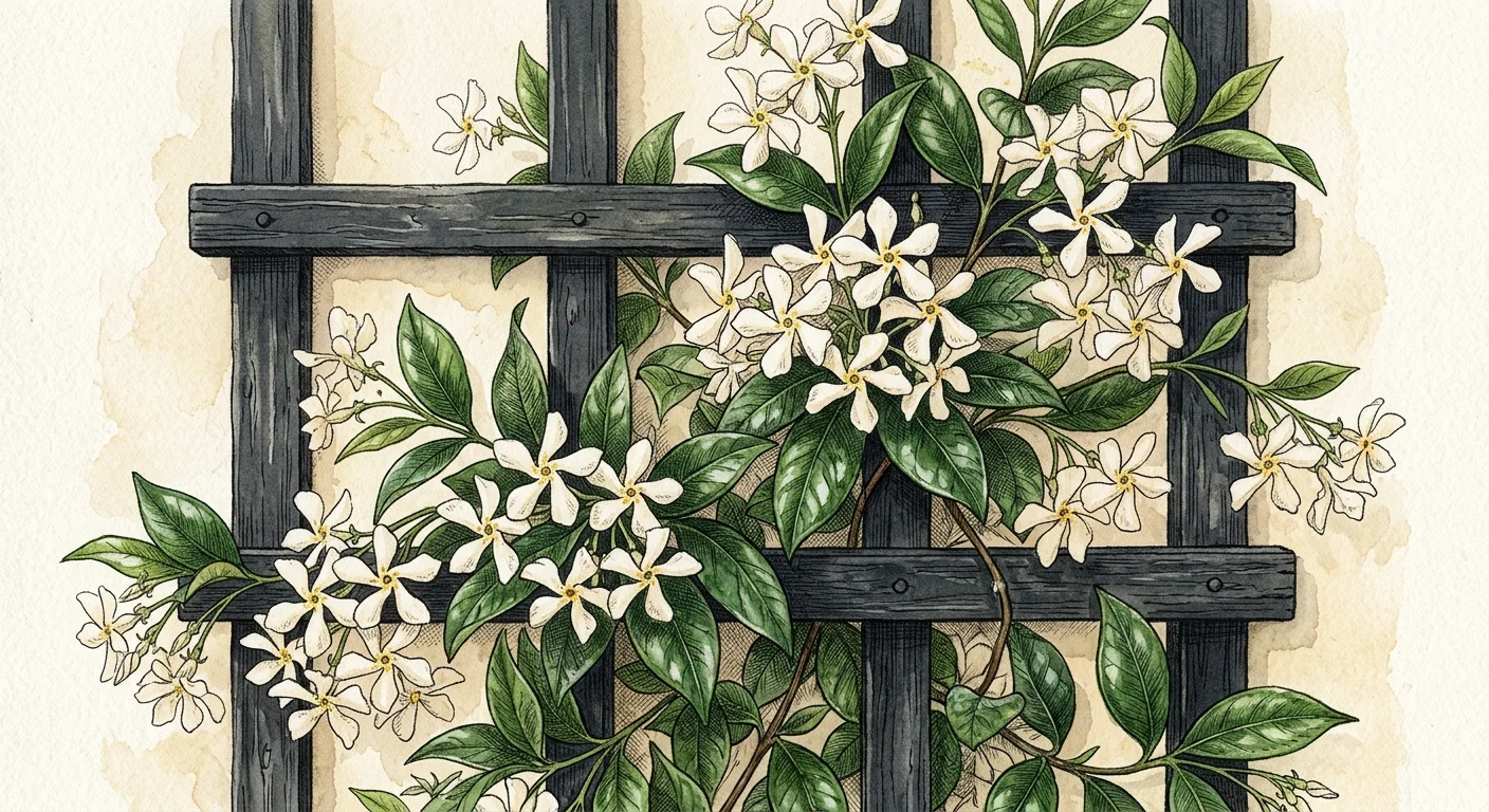 Vintage-style watercolor illustration of delicate star-shaped white jasmine flowers climbing a dark trellis.