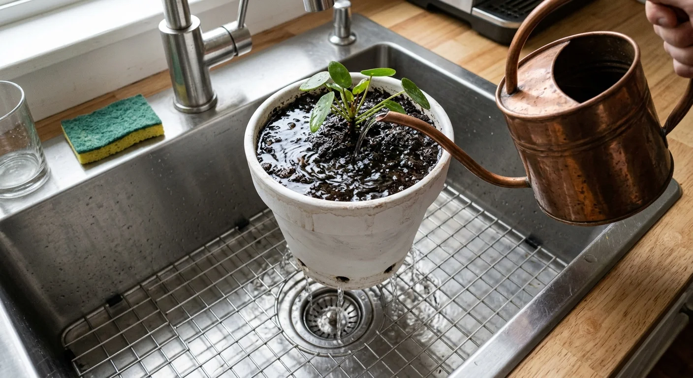 Water being poured through a potted plant in a kitchen sink to flush out mineral buildup.