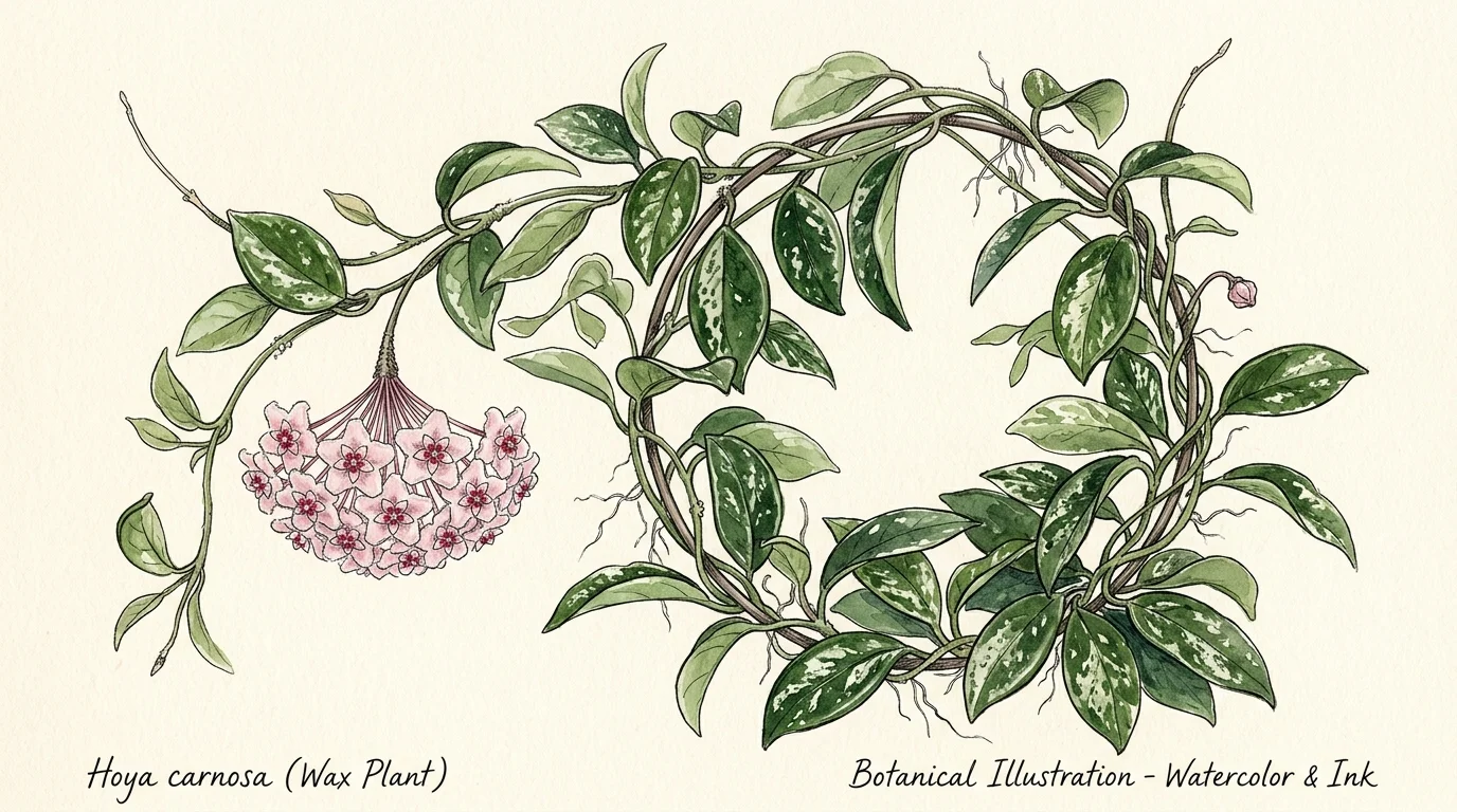 Watercolor and ink botanical drawing of a trailing Hoya plant with a cluster of star-shaped pink flowers.