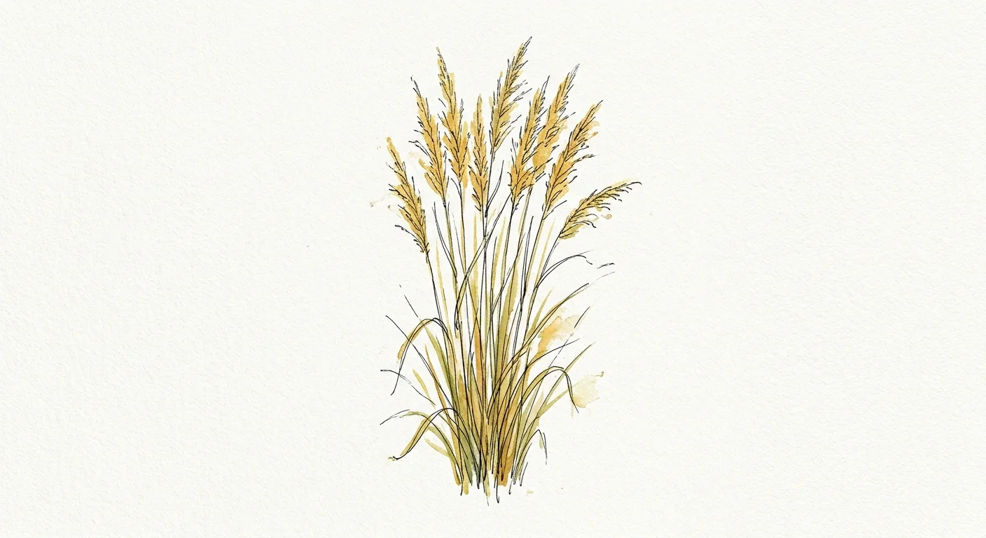 Watercolor and ink botanical illustration of tall, narrow 'Karl Foerster' feather reed grass swaying gracefully.