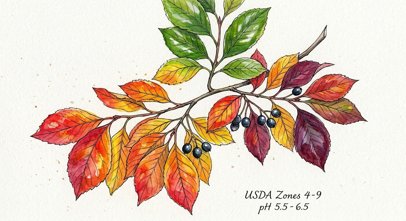 Watercolor and ink illustration of a Black Gum branch showing leaves in simultaneous shades of scarlet, orange, yellow, and burgundy.