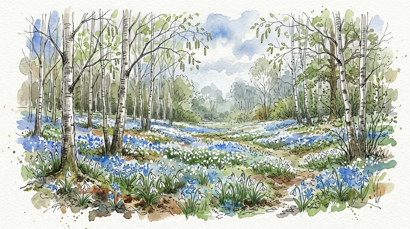 Watercolor and ink sketch of a woodland floor covered in a blue and white carpet of snowdrops and Siberian squill under birch trees.