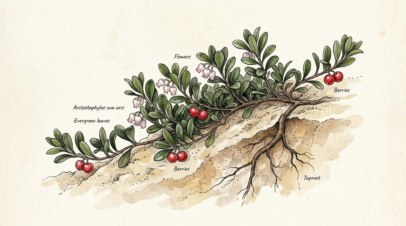 Watercolor botanical illustration of Bearberry with leathery leaves, pink bell flowers, and red berries on a sandy slope.