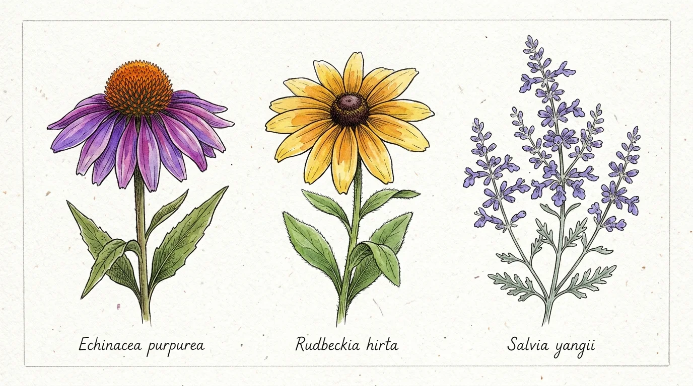 Botanical illustrations of Echinacea purpurea, Rudbeckia hirta, and Salvia yangii with labeled text below each flower.