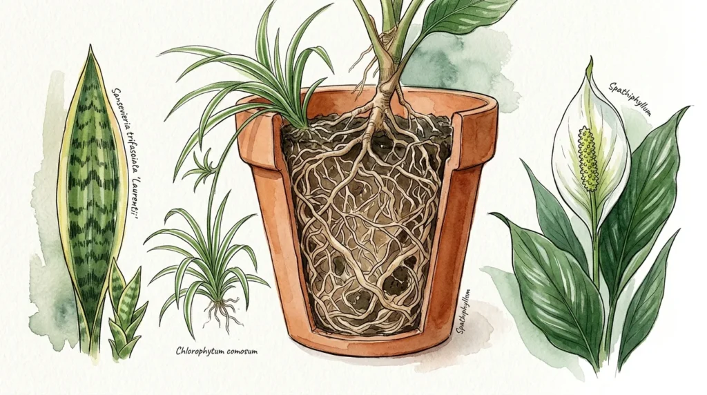 Watercolor botanical illustration showing a cross-section of healthy plant roots filling a terracotta pot.