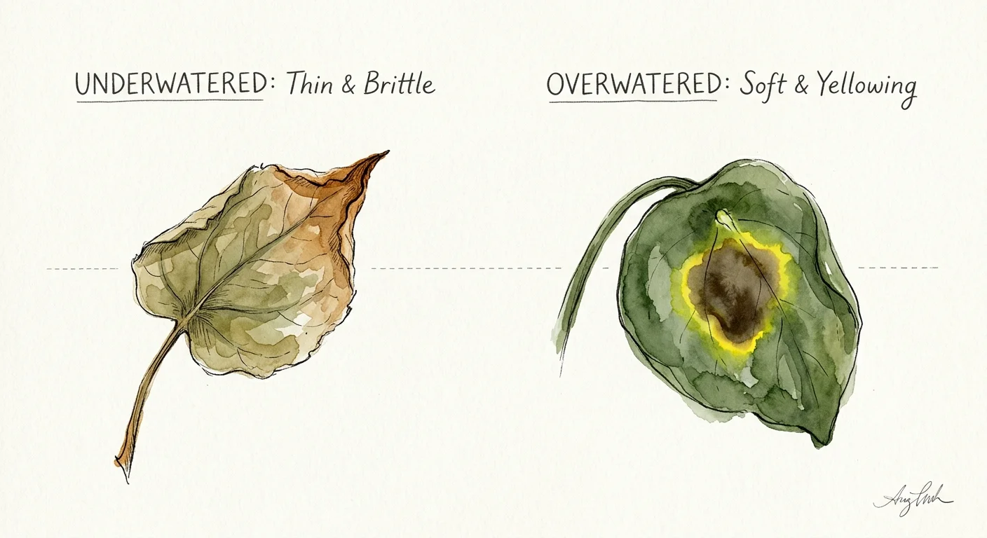 Watercolor diagram comparing a dry underwatered leaf with a soft, yellowing overwatered leaf.