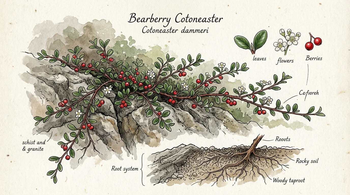 Watercolor illustration of a Bearberry Cotoneaster branch with glossy green leaves, red berries, and roots entering rocky soil.