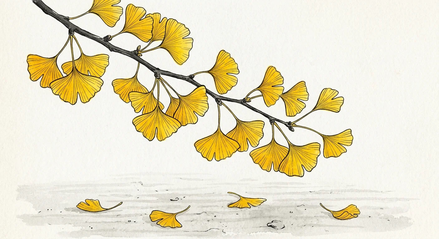 Watercolor illustration of a Ginkgo branch with fan-shaped leaves in a uniform, luminous golden-yellow color.