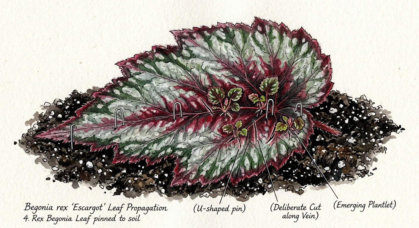 Watercolor illustration of a patterned Rex Begonia leaf pinned to soil, with new growth sprouting from cuts on its veins.