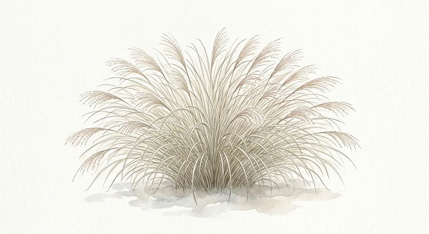 Watercolor illustration of a rounded, silver-and-tan mound of Morning Light Maiden Grass.