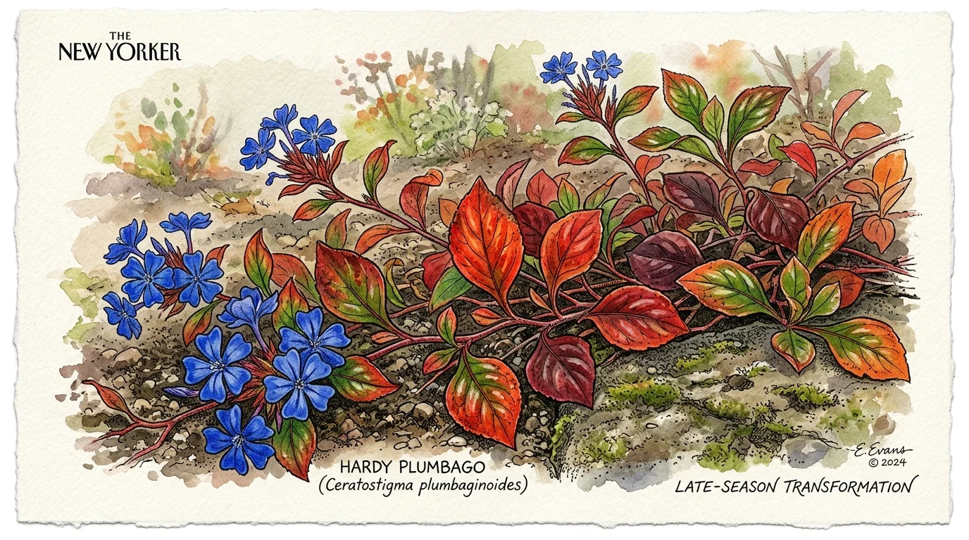 Watercolor illustration of hardy plumbago displaying vivid blue flowers alongside red, bronze, and green autumn leaves.