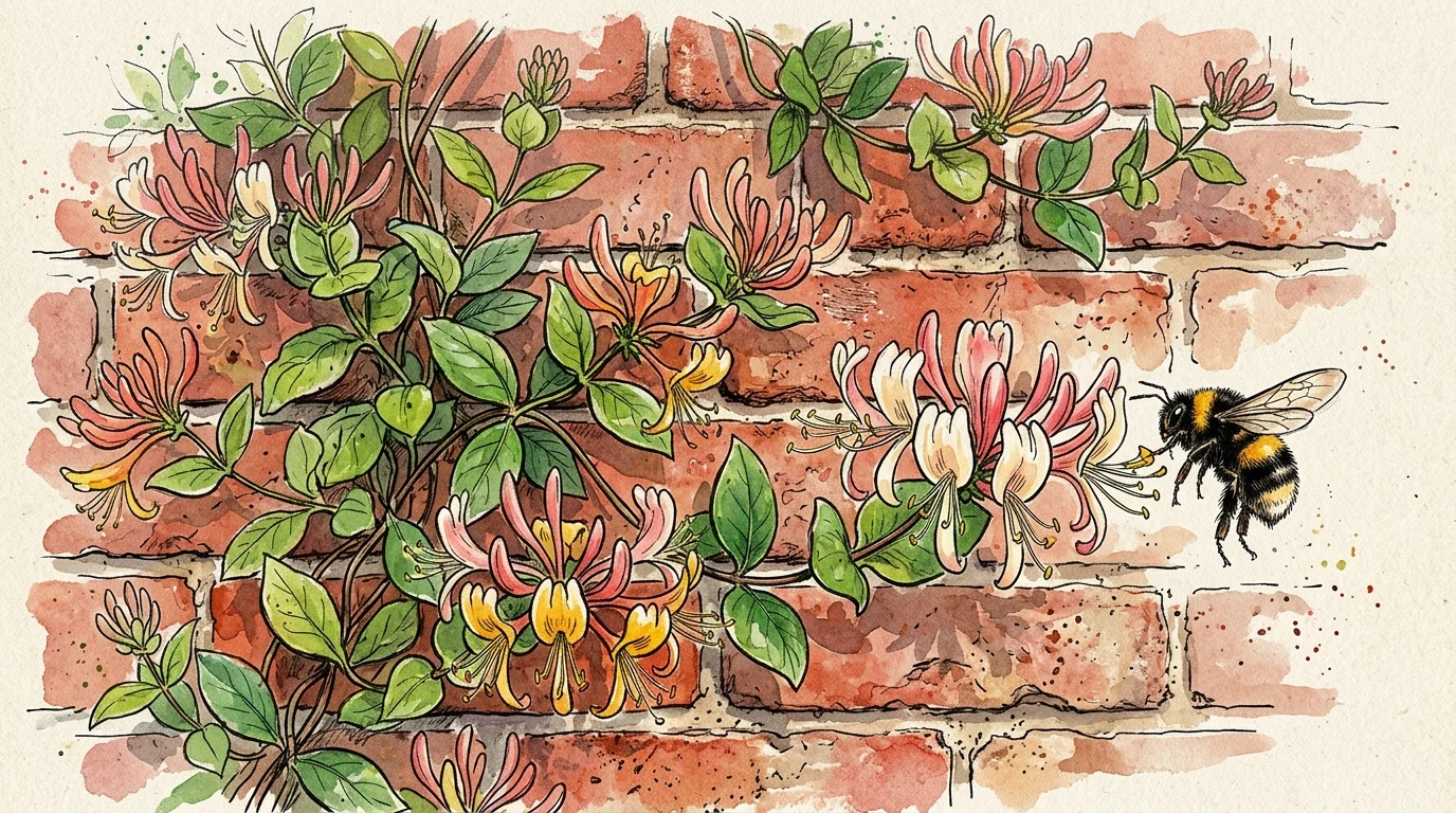Watercolor illustration of pink and yellow honeysuckle flowers climbing a brick wall.