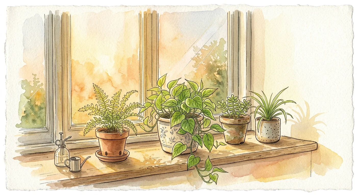 Watercolor illustration of potted plants resting on a sunny window sill in warm morning light.
