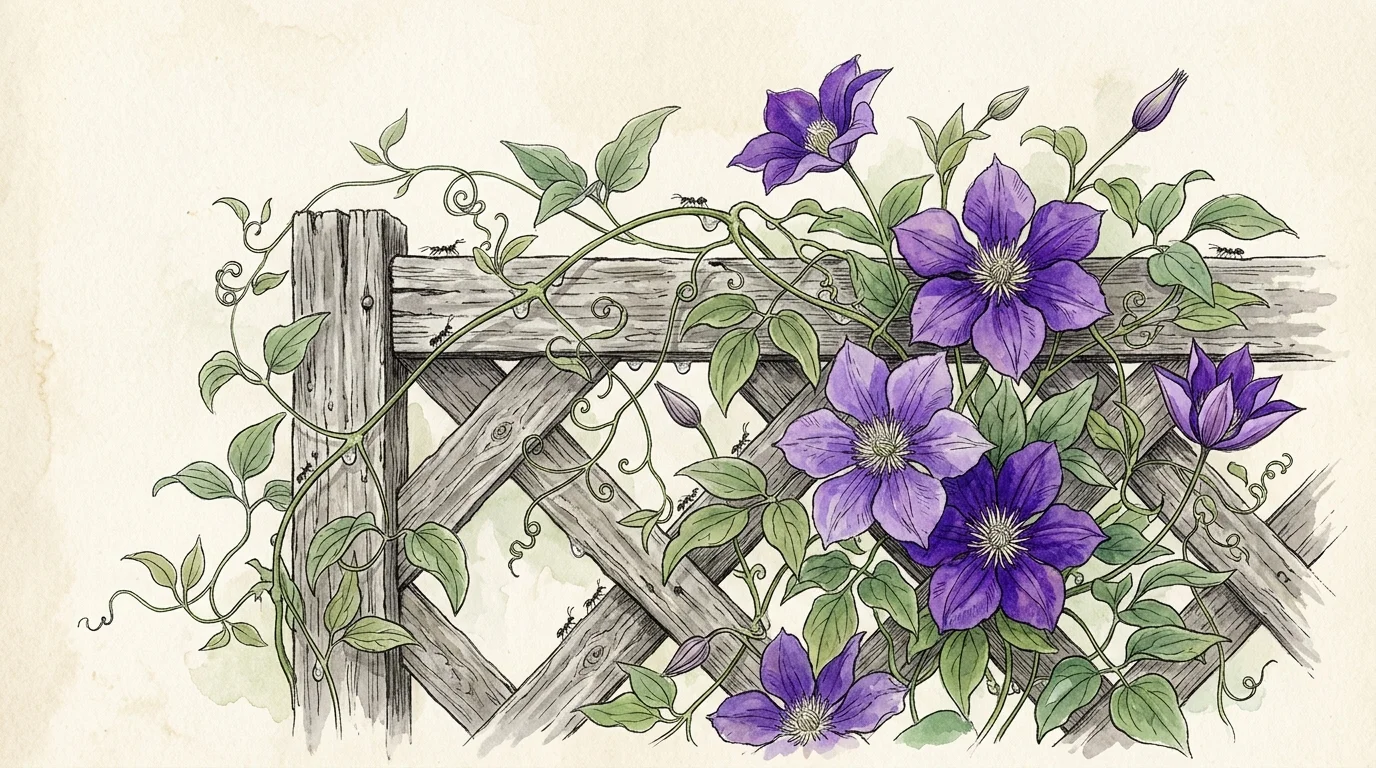 Purple clematis flowers and green vines climb a wooden lattice fence alongside small black ants.
