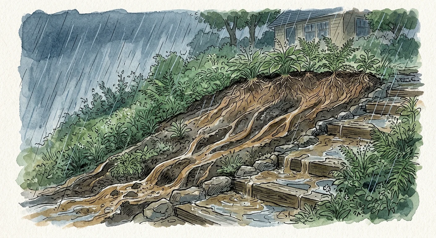 Watercolor illustration of rainwater washing away loose topsoil from a sloped garden bed, exposing plant roots.