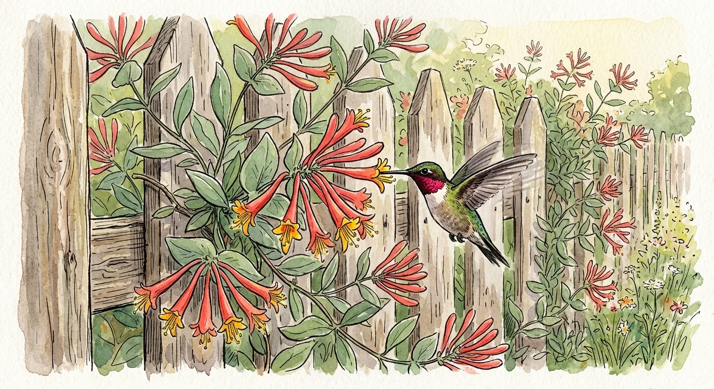 Watercolor illustration of red and yellow coral honeysuckle flowers on a wooden fence, with a hummingbird hovering nearby.