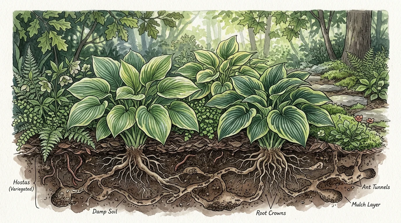 Illustration cross-section showing hosta plants above ground with ant tunnels weaving through the damp soil and roots below.