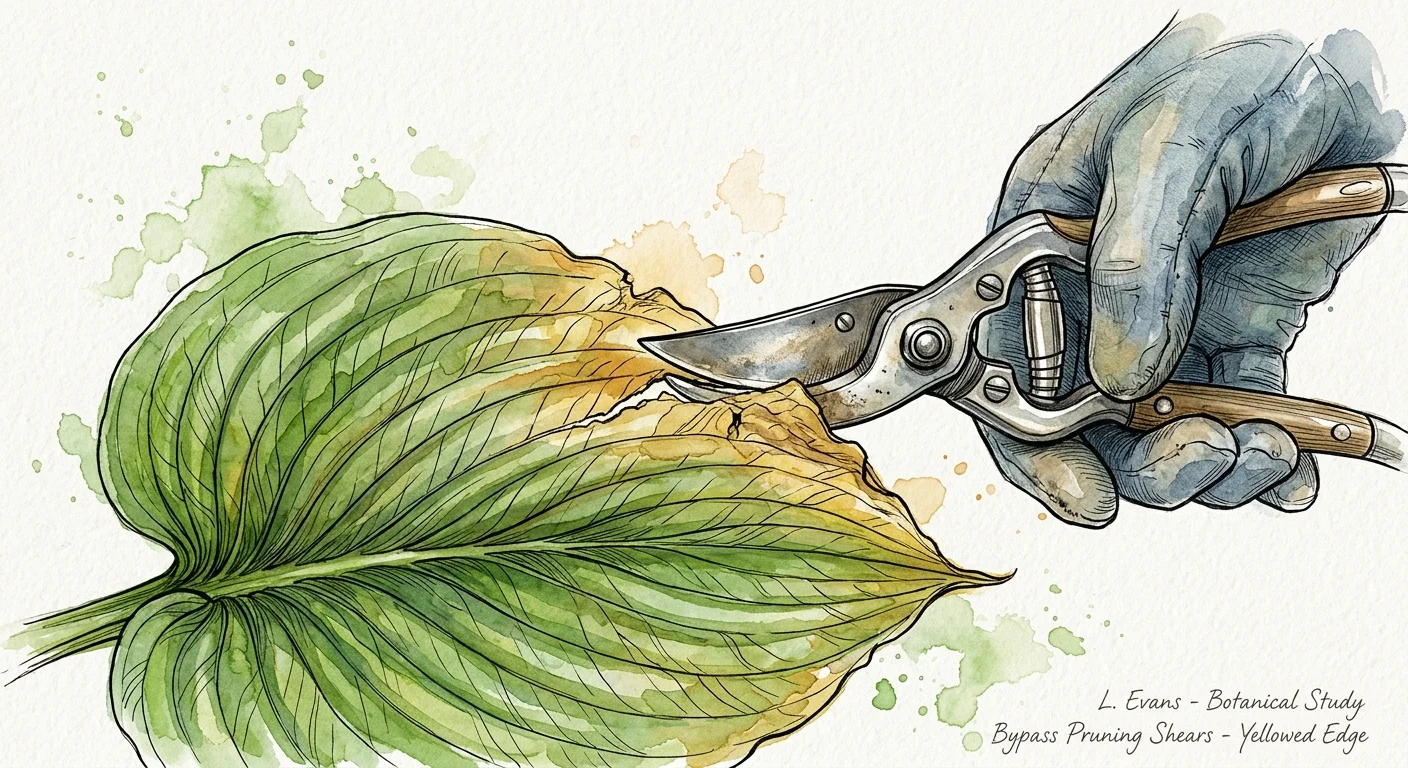 Watercolor illustration of shears trimming a yellowed edge from a green leaf.