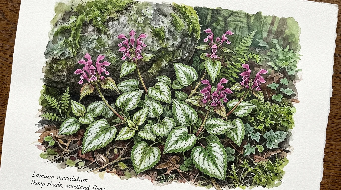 Watercolor illustration of spotted deadnettle with variegated silver-green leaves and pink flowers growing near a mossy rock.