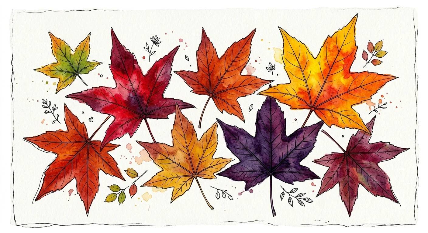 Watercolor illustration of star-shaped American Sweetgum leaves in a rich palette of purple, orange, and deep red.