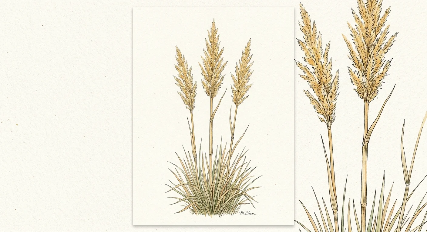Watercolor illustration of tall, golden Karl Foerster feather reed grass stalks.