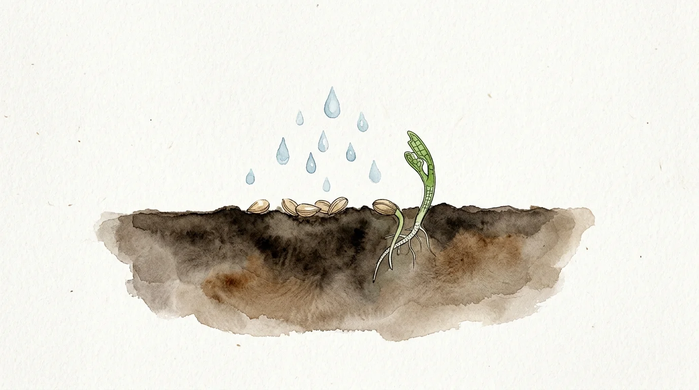 Watercolor illustration of tiny celery seeds resting on the surface of dark, moist soil as a small green sprout begins to emerge.