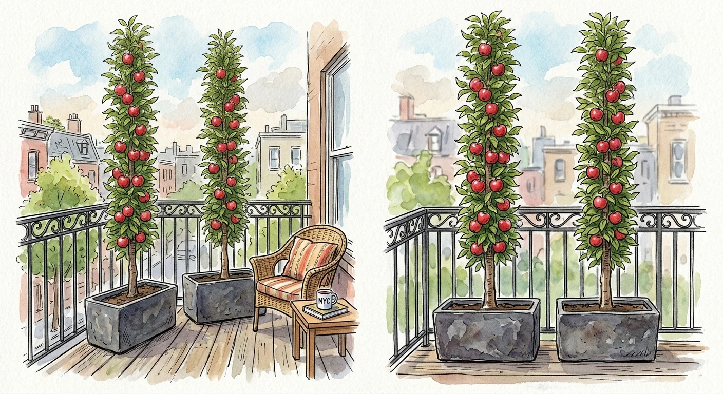 Watercolor illustration of two narrow, vertical columnar apple trees bearing red apples in pots on an apartment balcony.