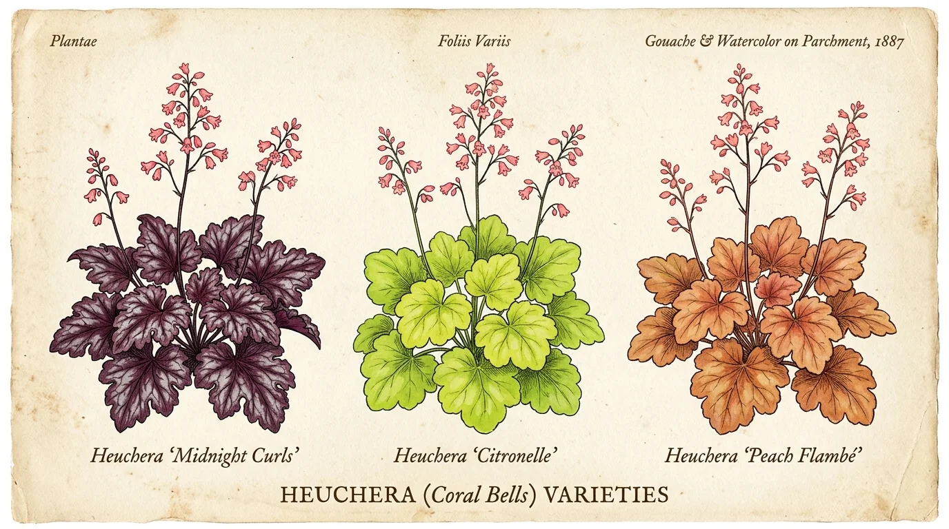 Botanical illustration of three Heuchera varieties with purple, lime green, and amber leaves topped with pink flower wands.