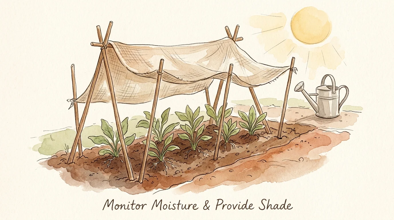 Watercolor illustration of young plants under a makeshift burlap shade cloth, labeled 'Monitor Moisture & Provide Shade'.