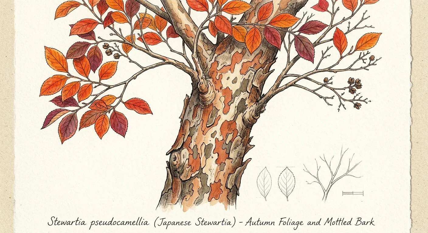 Watercolor illustration showing the peeling, multicolored bark and vibrant red autumn leaves of a Japanese Stewartia tree.