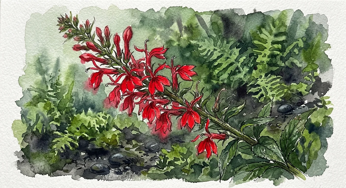 Watercolor painting of a tall stalk of bright red cardinal flowers growing in a moist, shady garden.