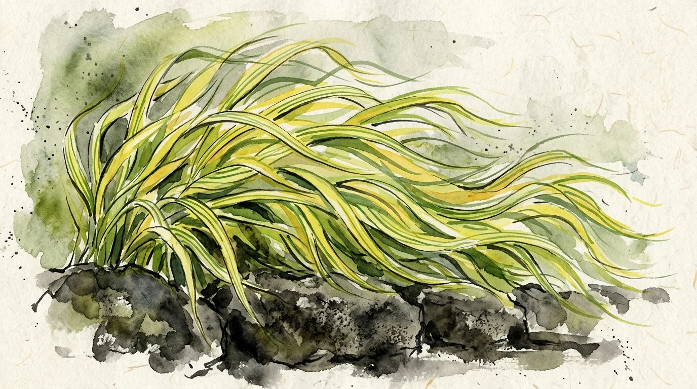 Watercolor and ink botanical illustration of cascading, yellow-green Japanese forest grass sweeping over dark rocks.