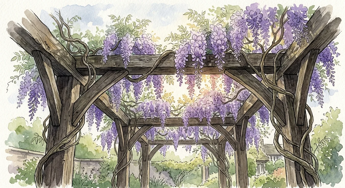 Watercolor painting of lavender-purple American Wisteria flowers hanging in clusters from a heavy wooden garden pergola.
