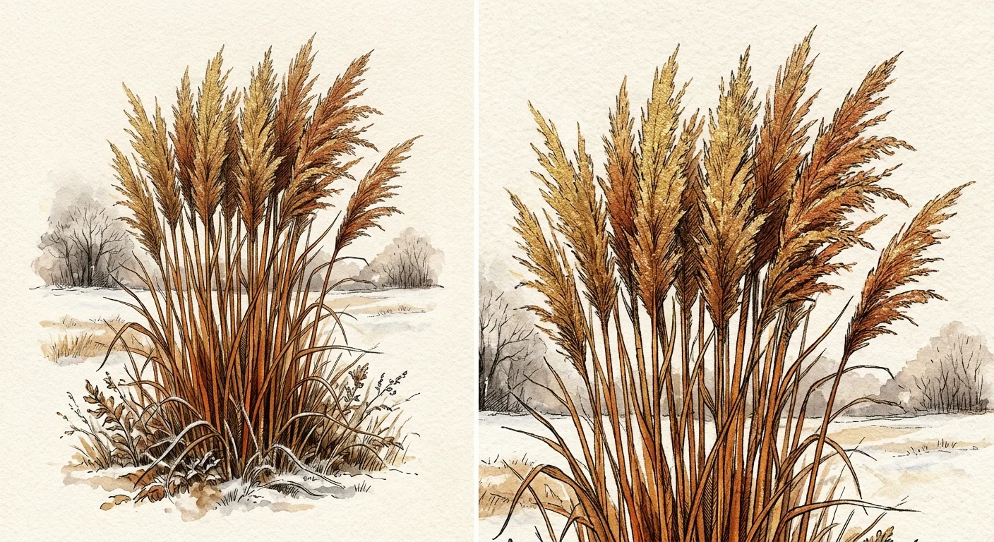 Watercolor painting of tall, bronze-gold seed plumes of Indian Grass.