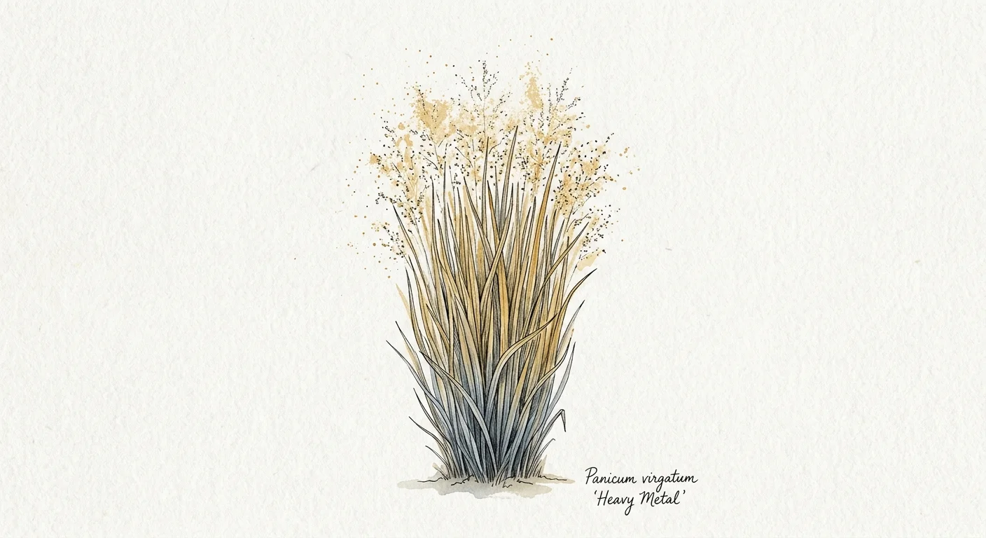 Watercolor sketch of columnar Heavy Metal switchgrass with delicate golden panicles.