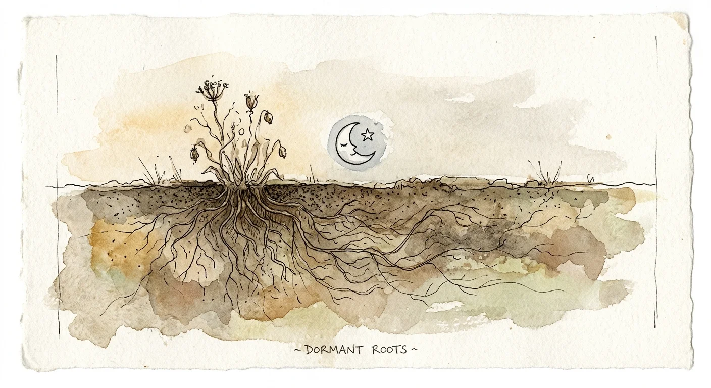 Watercolor sketch of dormant plant roots in soil, representing a period of rest.