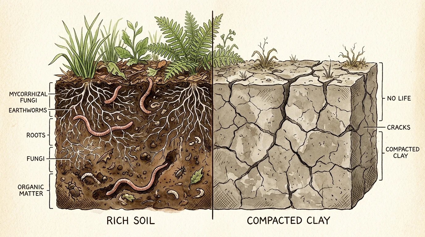 Watercolor split-screen showing fertile soil teeming with earthworms compared to dense, lifeless compacted clay.