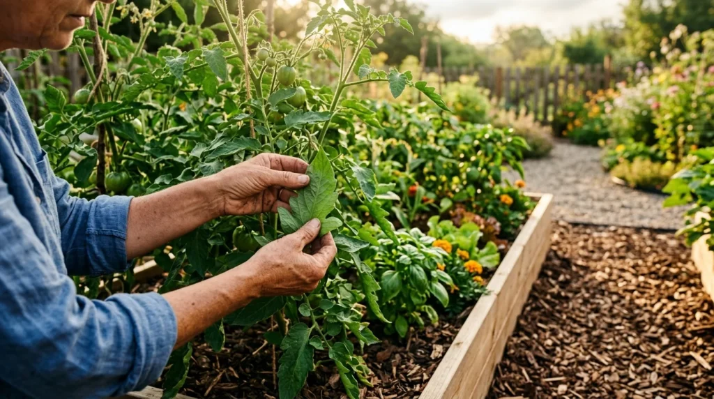 Weathered hands gently inspect a healthy, spot-free tomato leaf over a freshly mulched garden bed in morning light.