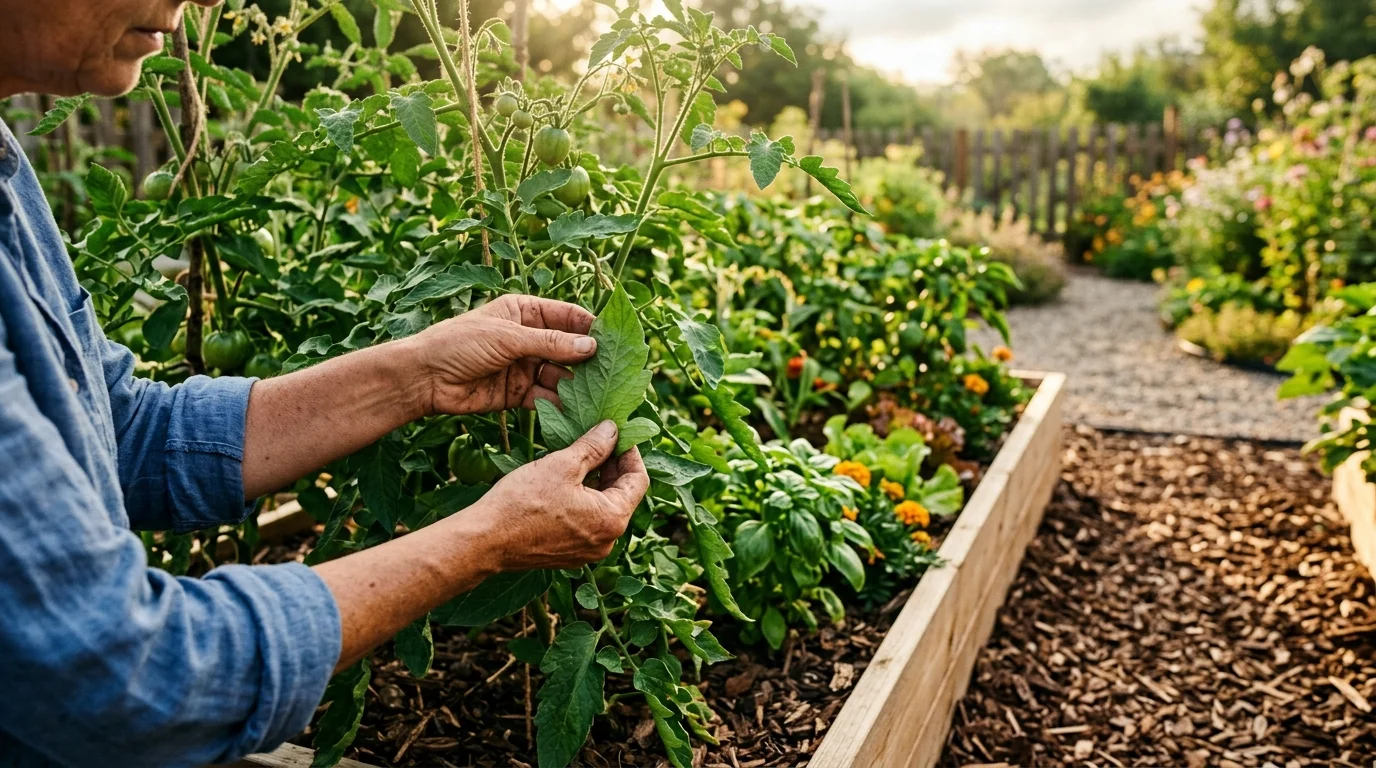 Weathered hands gently inspect a healthy, spot-free tomato leaf over a freshly mulched garden bed in morning light.
