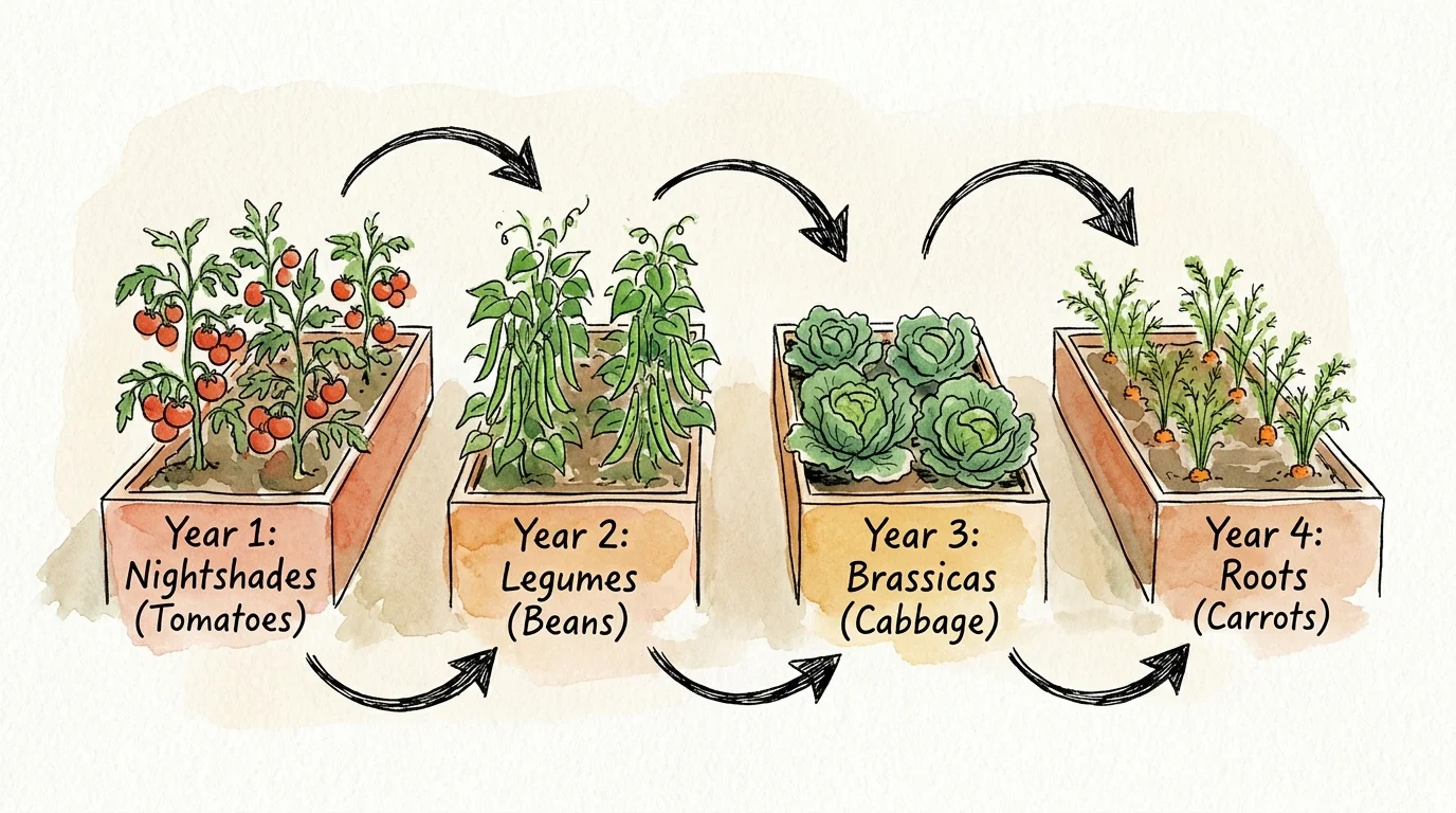 Whimsical watercolor illustration of a four-year crop rotation diagram across four raised beds.