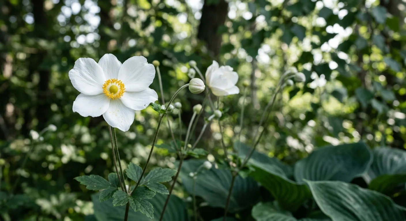 White Japanese anemone flower with yellow center blooming on a slender stem surrounded by green leaves and buds.