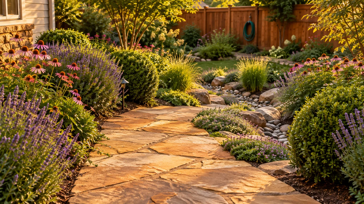 A stone slab pathway winding past purple coneflowers, lavender, shrubs, and a dry pebble creek bed in a sunny backyard.