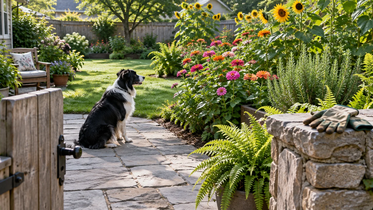 A black and white dog sits on a stone patio looking toward a lush backyard garden filled with blooming flowers.