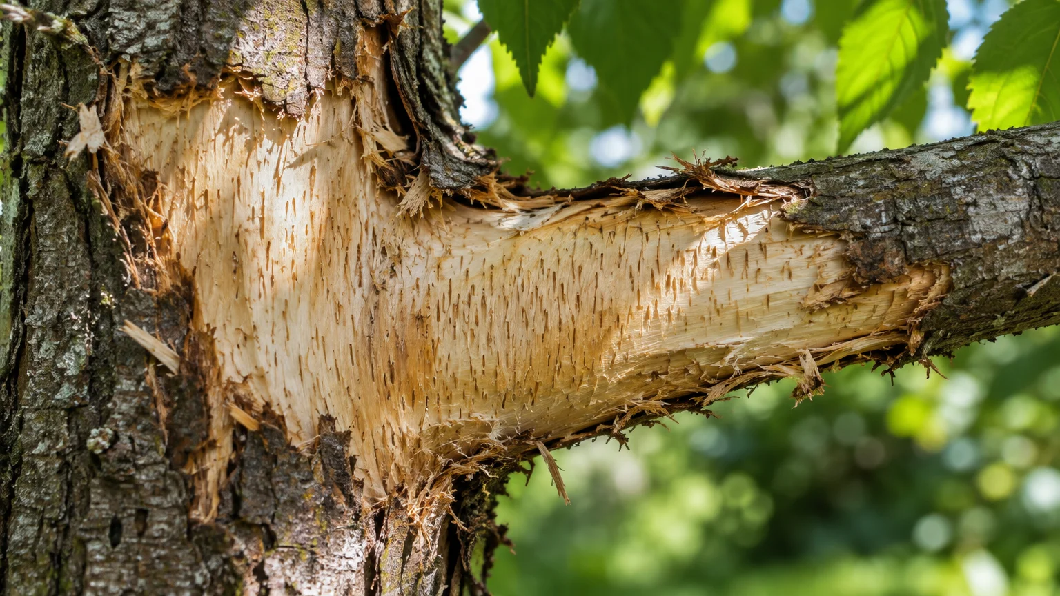 Close-up of stripped bark on a tree branch showing pale exposed wood covered in vertical gnaw marks.