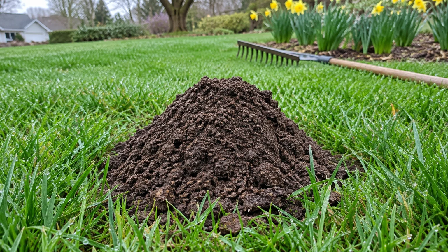 A conical mound of dark garden soil sitting on a green lawn near a rake and yellow daffodils.