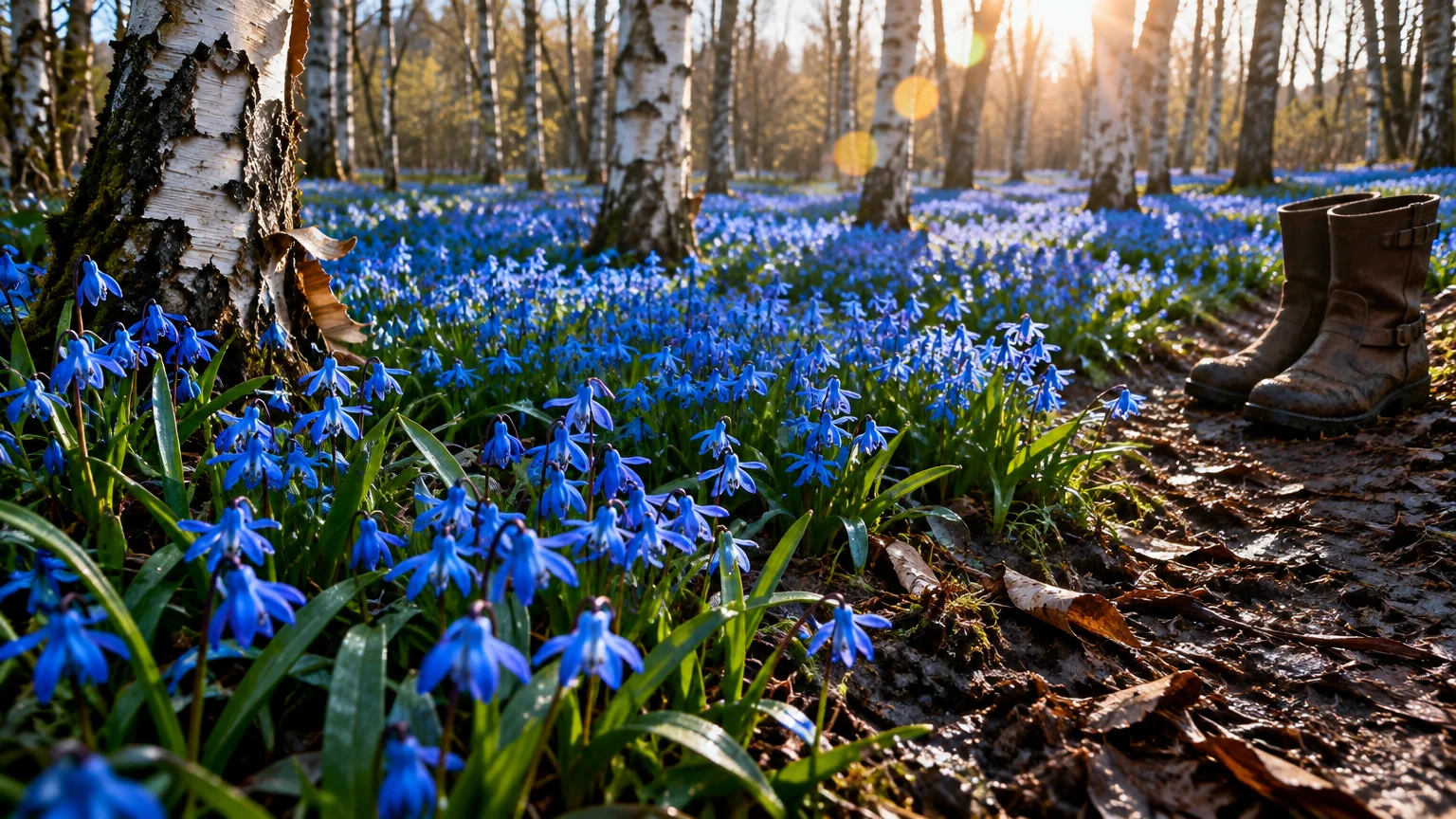 A carpet of bright blue squill flowers covers a birch forest floor beside muddy boots in warm sunlight.