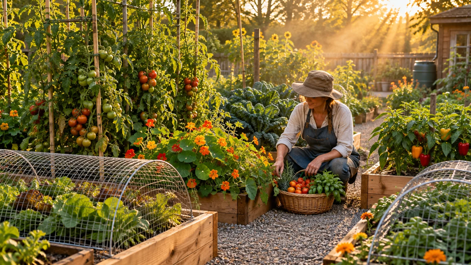 A gardener harvests vegetables among wire-covered raised garden beds glowing in late afternoon sunlight.
