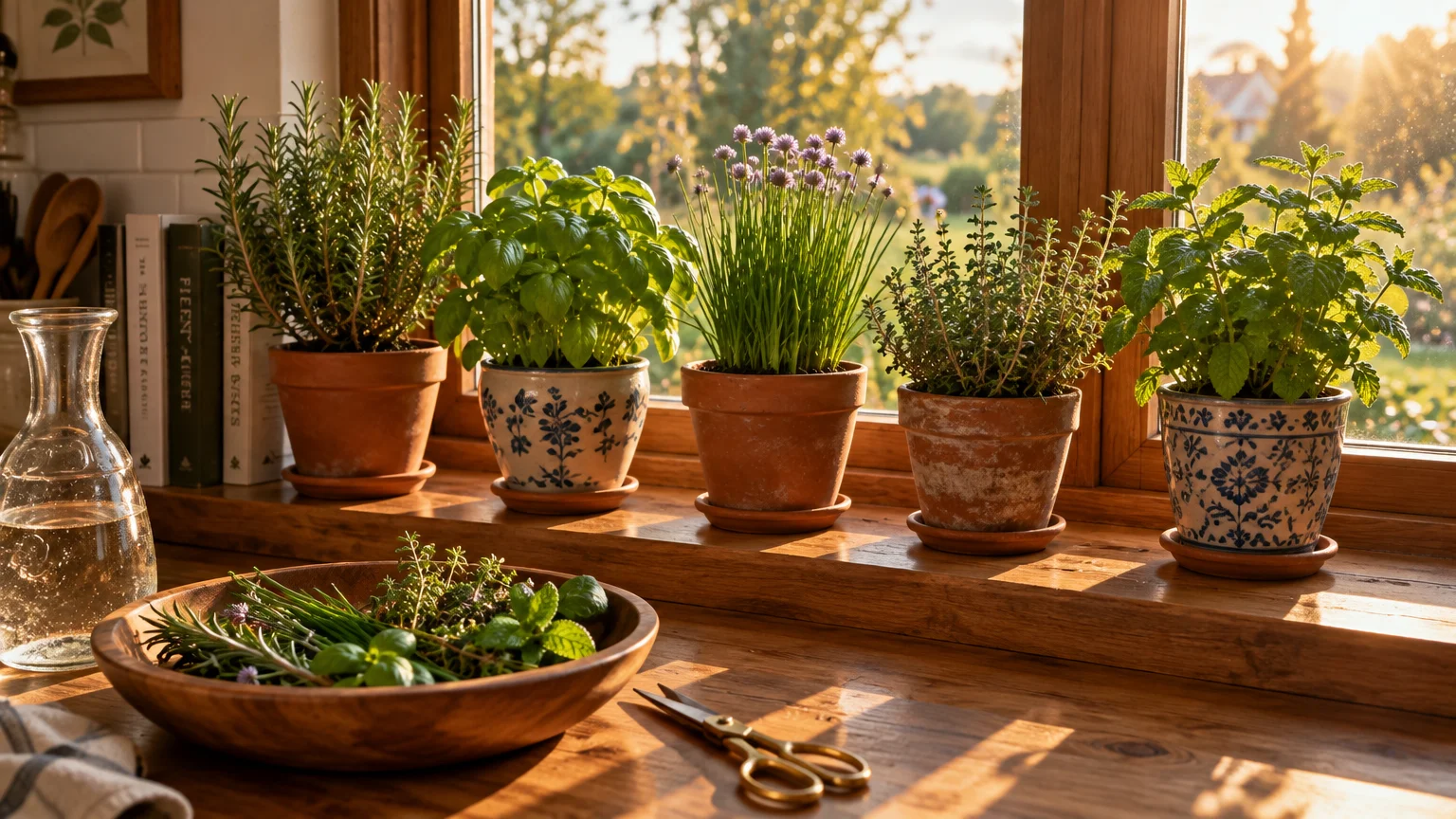Five potted herbs sit on a sunny wooden windowsill behind a wooden bowl filled with harvested herbs and shears.
