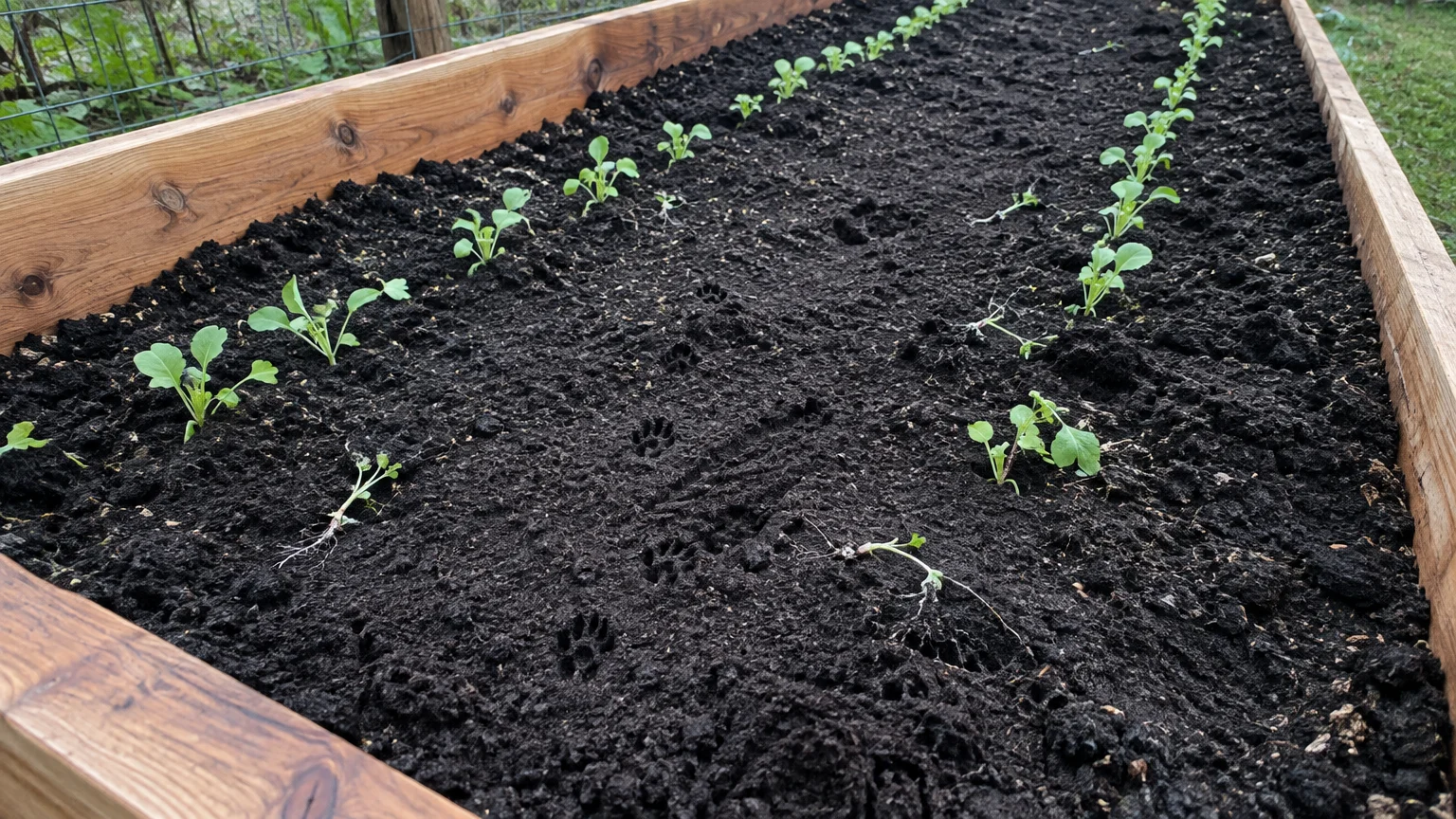 Small animal paw prints press into dark soil between rows of disturbed green seedlings in a wooden raised garden bed.